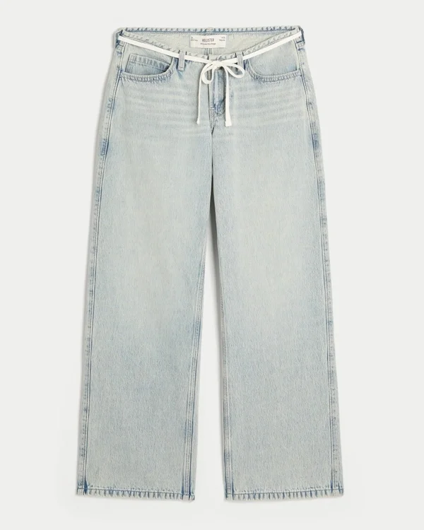 Ultra niskie, jasne dżinsy z mini paskiem i sznurkiem w stylu baggy Ultra niskie, jasne dżinsy z mini paskiem i sznurkiem w stylu baggy