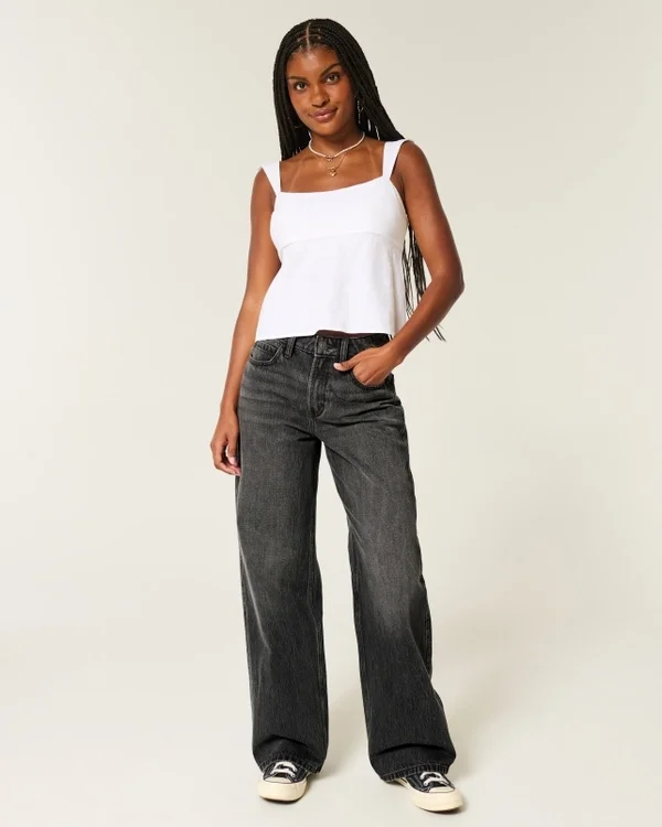 Wysokie, prane czarne jeansy baggy Wysokie, prane czarne jeansy baggy