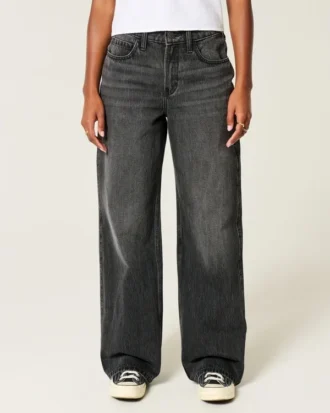 Wysokie, prane czarne jeansy baggy Wysokie, prane czarne jeansy baggy
